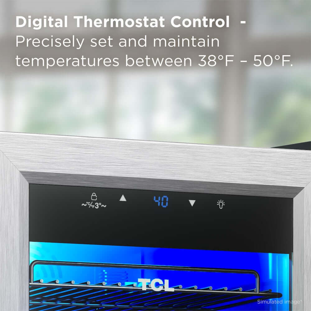 TCL 14 in. 50 Can 1.8 Cu. Ft. Compact Freestanding Beverage Cooler with Glass Door (TRV050FAS) with digital thermostat control display, set between 38°F - 50°F.
