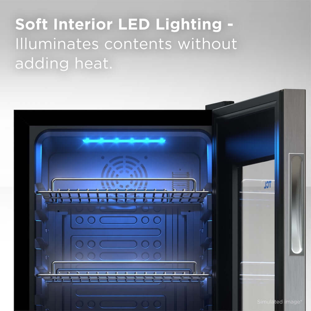 TCL 14 in. 50 Can 1.8 Cu. Ft. Compact Freestanding Beverage Cooler with Glass Door (TRV050FAS) with soft interior LED lighting on a gray background