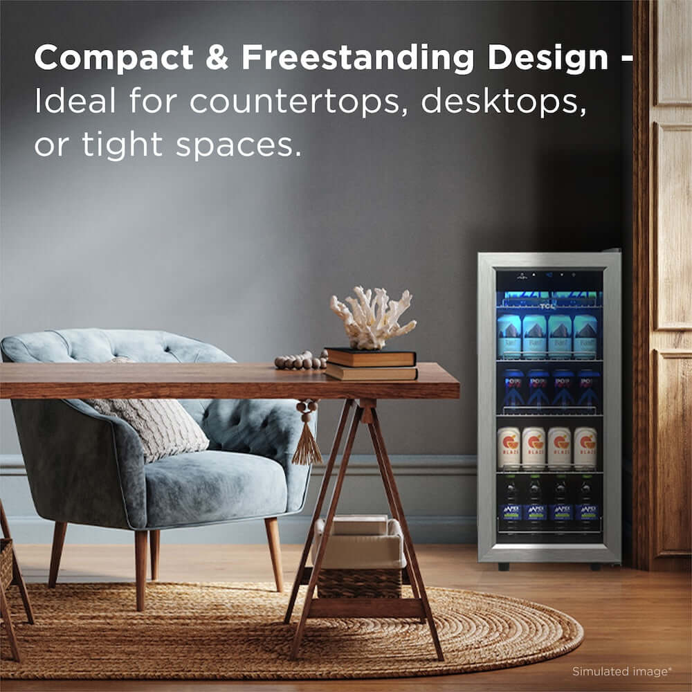 TCL 14 in. 50 Can 1.8 Cu. Ft. Compact Freestanding Beverage Cooler with Glass Door (TRV050FAS) in a home setting with text highlighting its compact design.