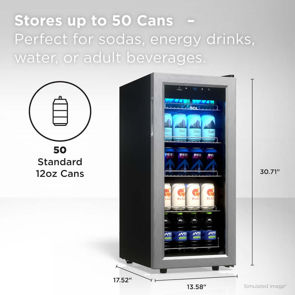 TCL 14 in. 50 Can 1.8 Cu. Ft. Compact Freestanding Beverage Cooler with Glass Door (TRV050FAS) with capacity for 50 cans, ideal for sodas and energy drinks.