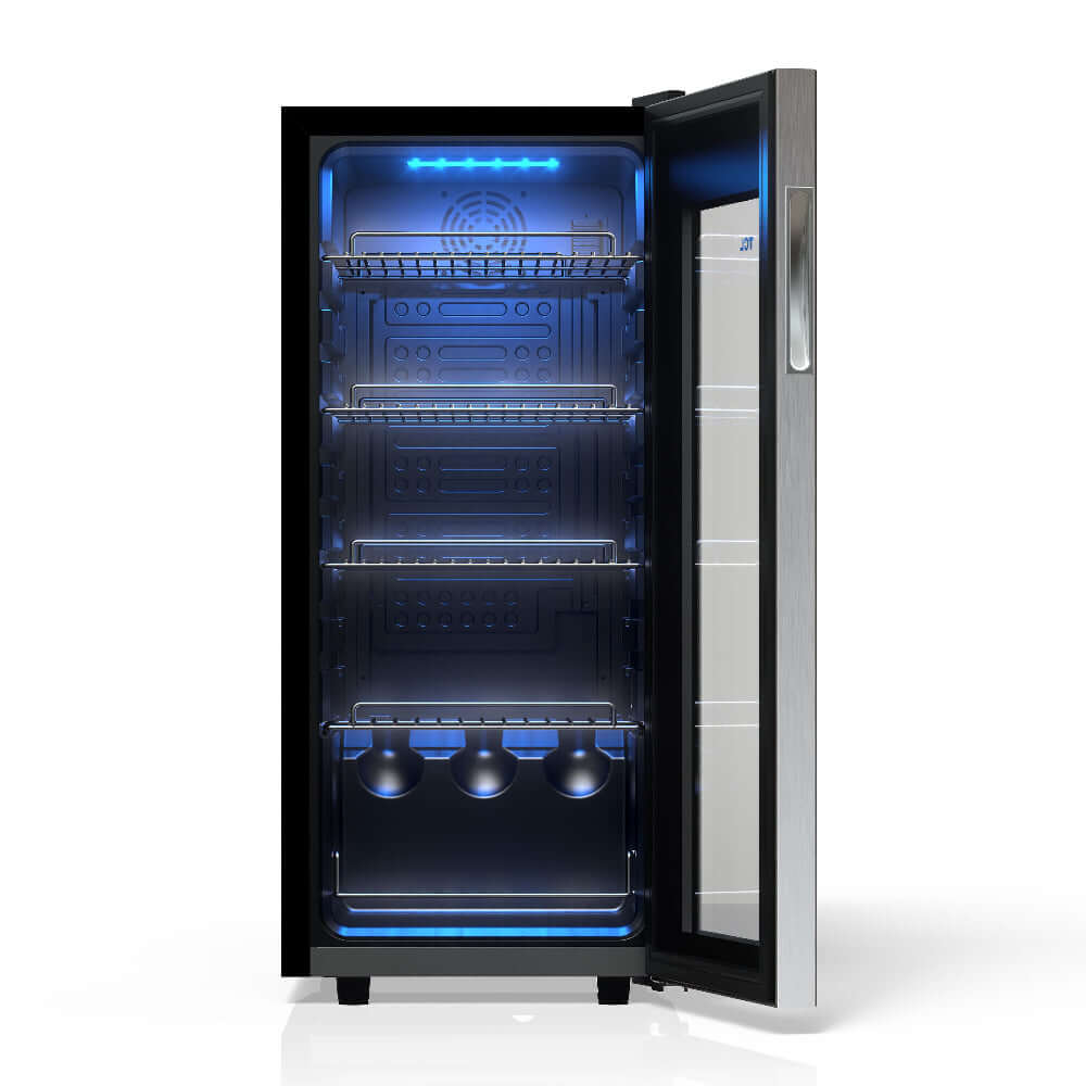 TCL 14 in. 50 Can 1.8 Cu. Ft. Compact Freestanding Beverage Cooler with Glass Door (TRV050FAS) with open door on a white background