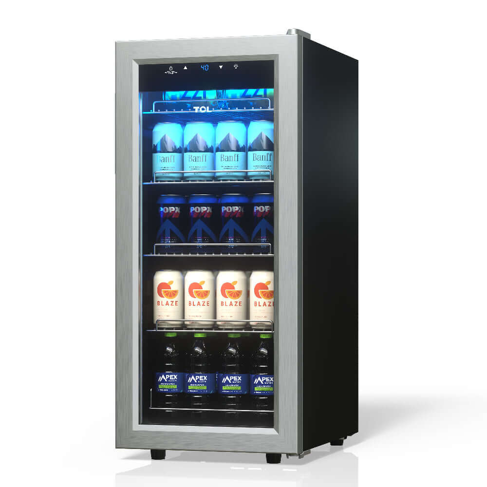 TCL 14 in. 50 Can 1.8 Cu. Ft. Compact Freestanding Beverage Cooler with Glass Door (TRV050FAS) side, with drinks on a white background