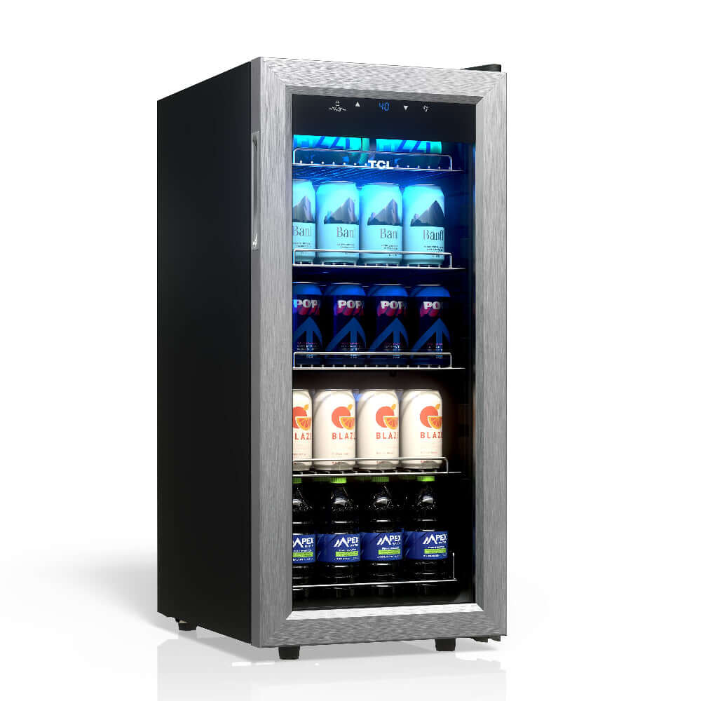 TCL 14 in. 50 Can 1.8 Cu. Ft. Compact Freestanding Beverage Cooler with Glass Door (TRV050FAS) with drinks on a white background