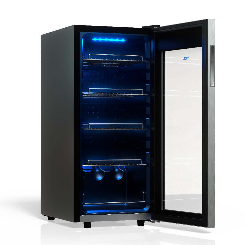 TCL 14 in. 50 Can 1.8 Cu. Ft. Compact Freestanding Beverage Cooler with Glass Door (TRV050FAS) with open door on a white background