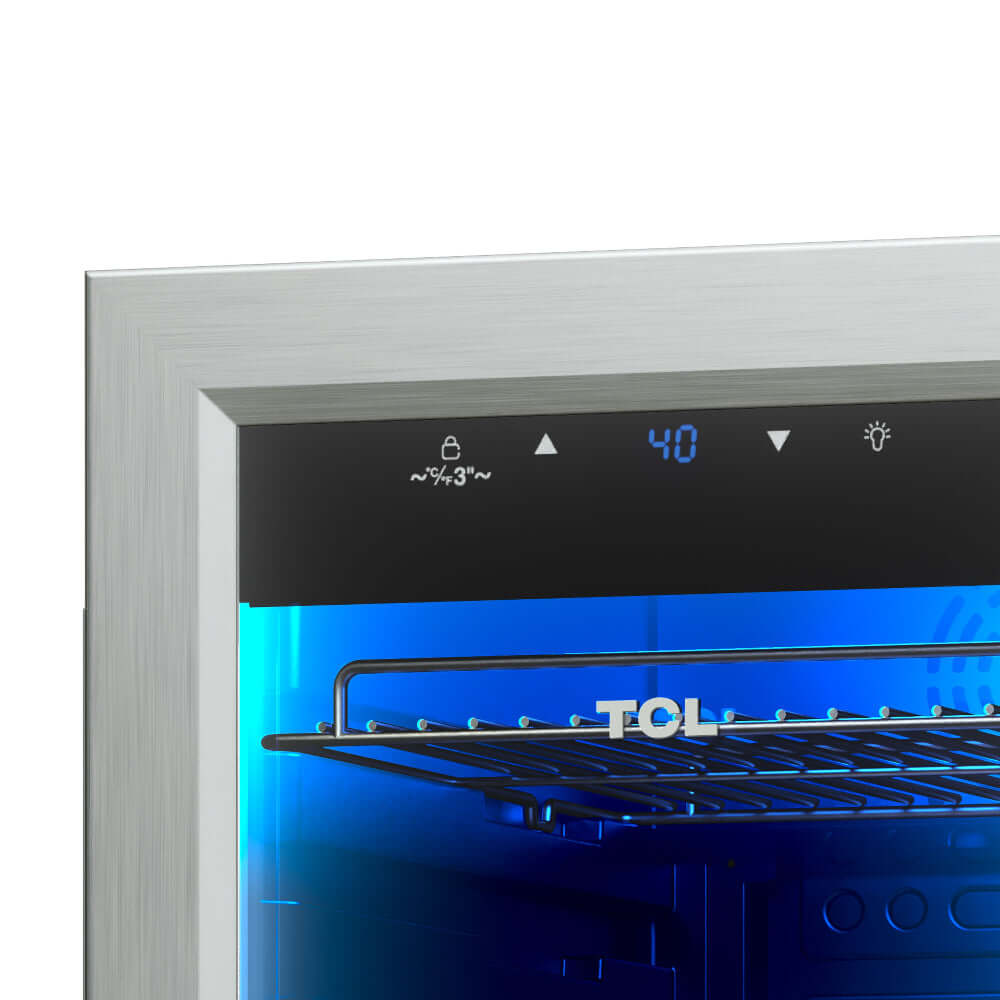 TCL 14 in. 50 Can 1.8 Cu. Ft. Compact Freestanding Beverage Cooler with Glass Door (TRV050FAS) with digital display and control panel on a white background
