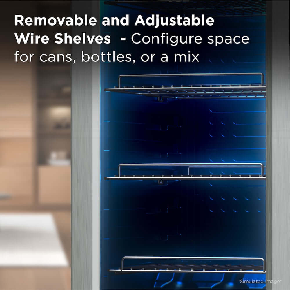 TCL 14 in. 50 Can 1.8 Cu. Ft. Compact Freestanding Beverage Cooler with Glass Door (TRV050FAS) with removable and adjustable wire shelves in a kitchen setting