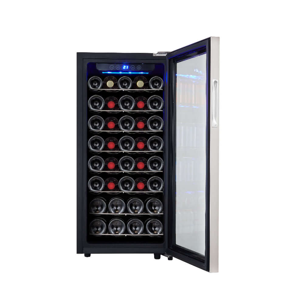 TCL 16 in. 38 Bottle 3.4 Cu. Ft. Compact Wine Cooler with Glass Door (TRW38F6AS) with open door displaying rows of wine bottles on a white background