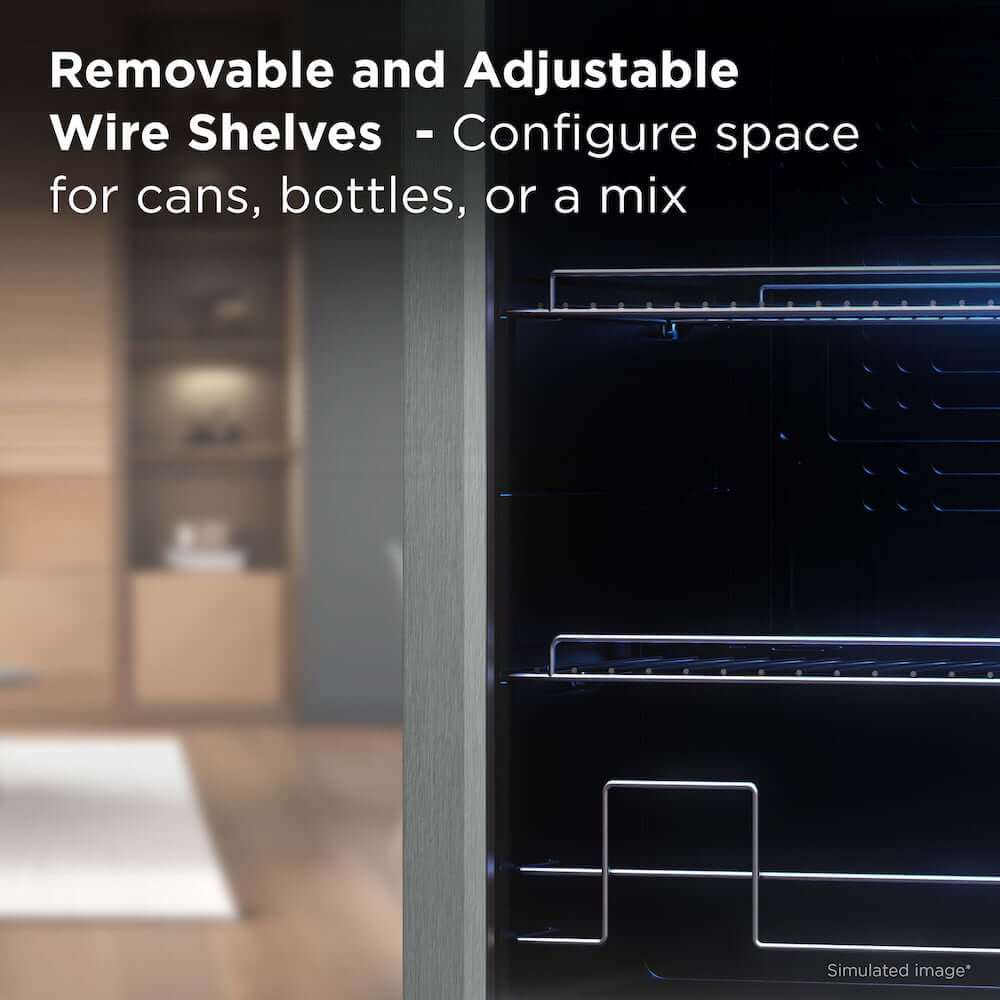 TCL 18 in. 121 Can 2.4 Cu. Ft. Compact Freestanding Beverage Cooler with Glass Door (TRV121FAS) with removable and adjustable wire shelves in a kitchen setting