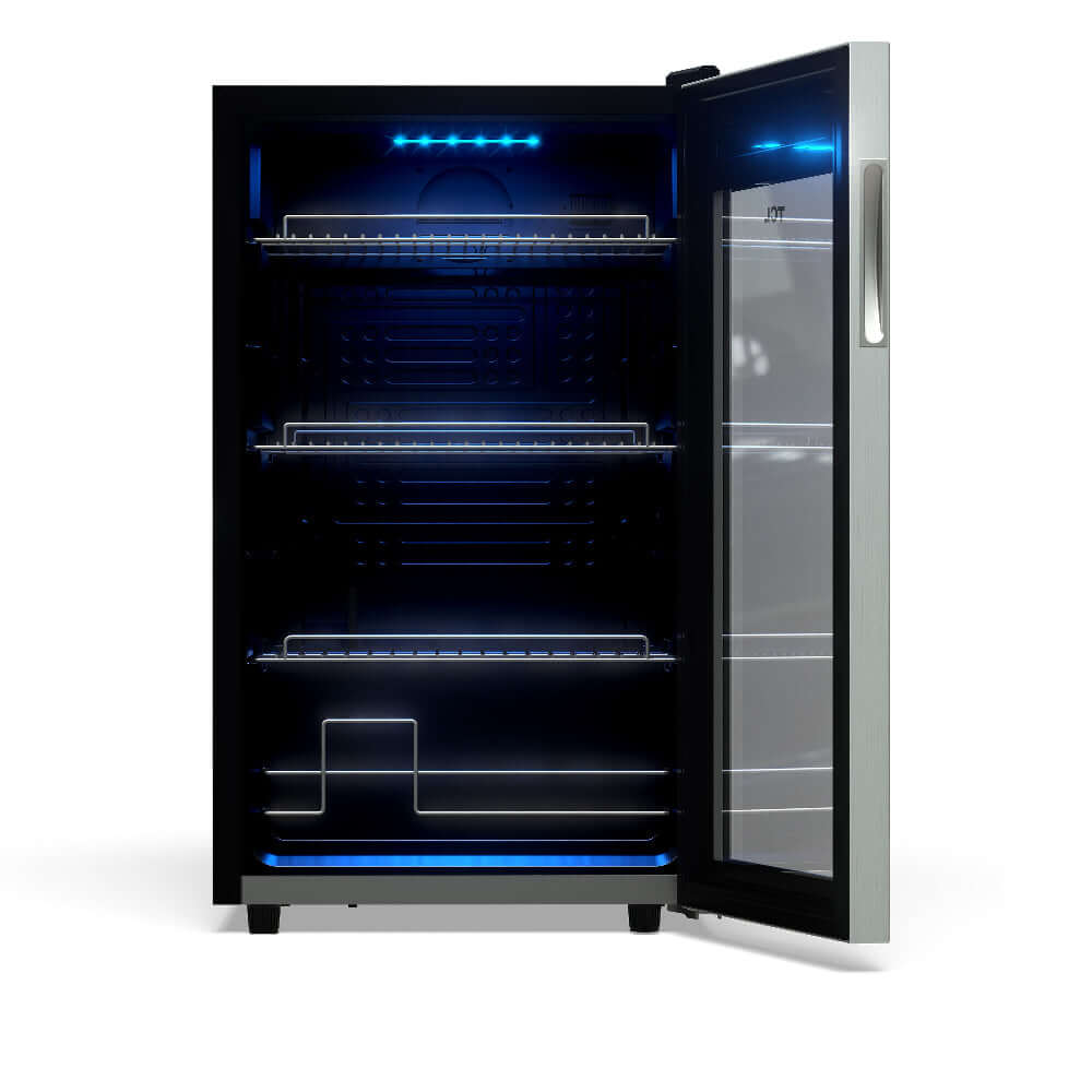 TCL 18 in. 121 Can 2.4 Cu. Ft. Compact Freestanding Beverage Cooler with Glass Door (TRV121FAS) with open door on a white background