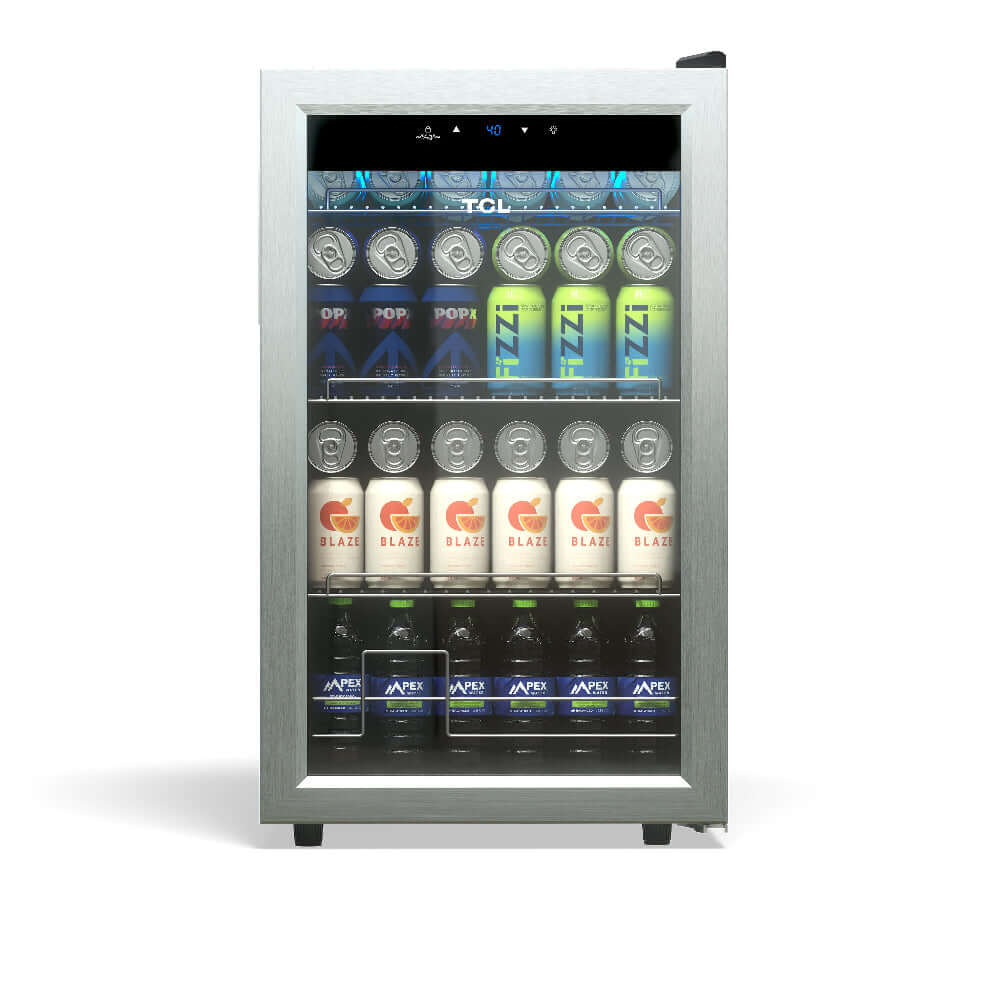 TCL 18 in. 121 Can 2.4 Cu. Ft. Compact Freestanding Beverage Cooler with Glass Door (TRV121FAS) with various drinks on a white background