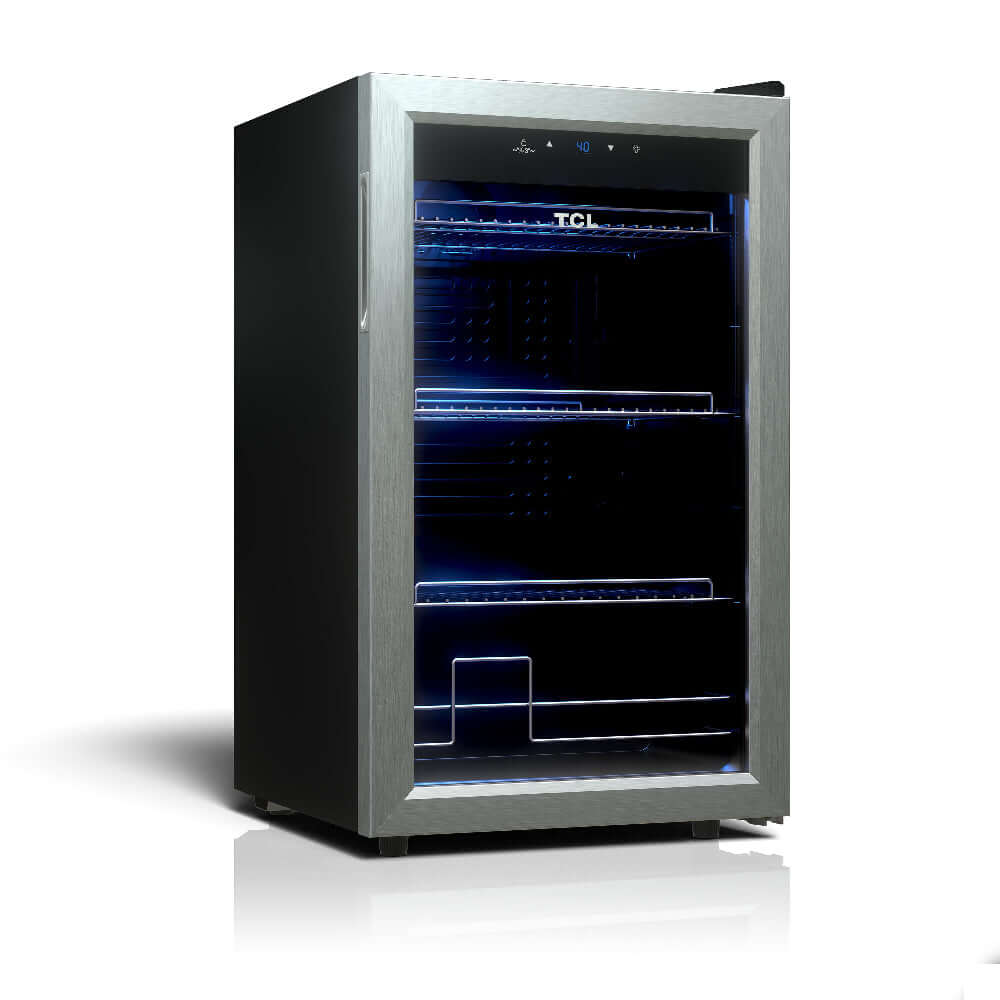 TCL 18 in. 121 Can 2.4 Cu. Ft. Compact Freestanding Beverage Cooler with Glass Door (TRV121FAS) side.