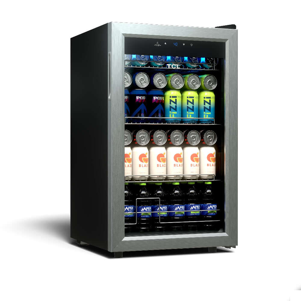 TCL 18 in. 121 Can 2.4 Cu. Ft. Compact Freestanding Beverage Cooler with Glass Door (TRV121FAS) with drinks on a white background