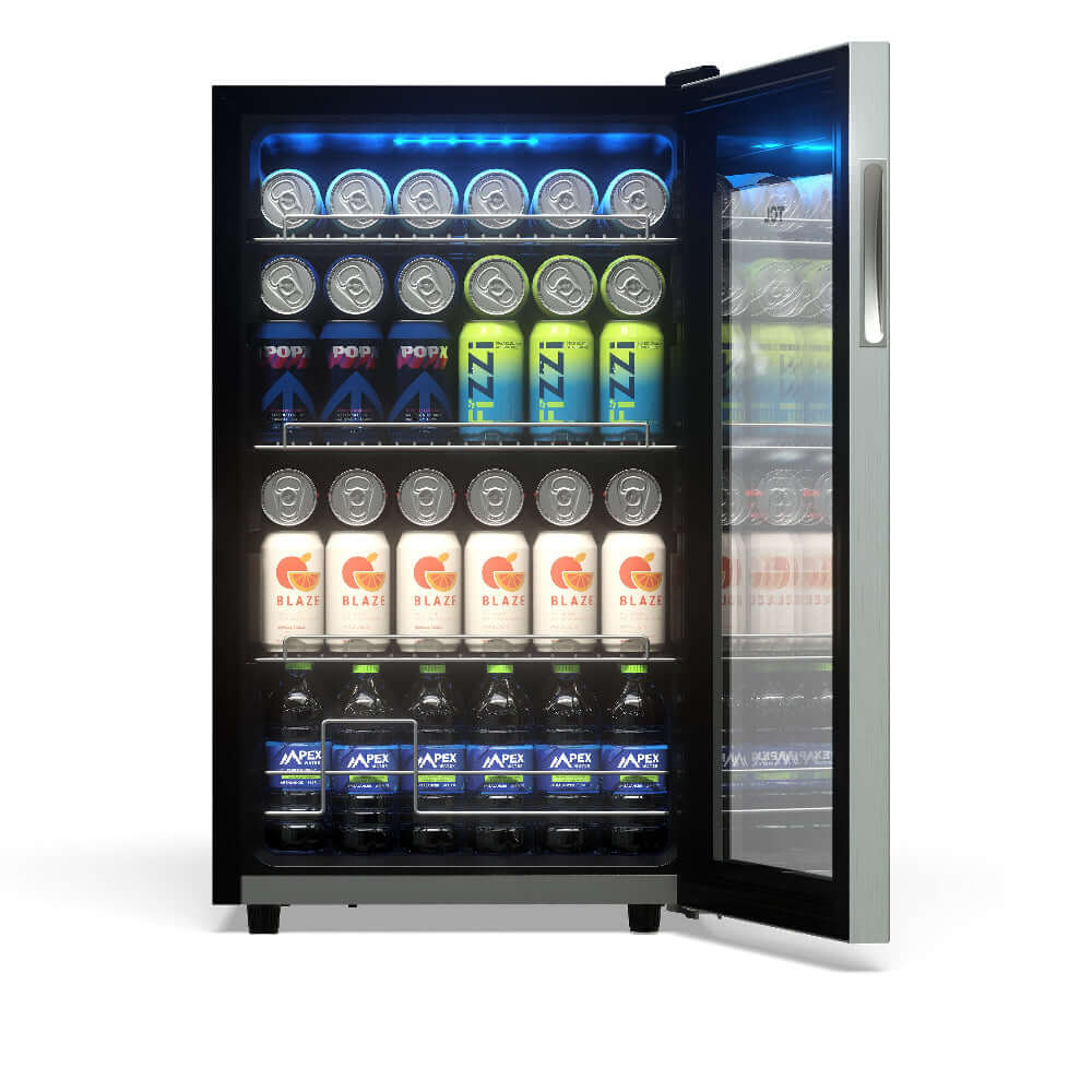 TCL 18 in. 121 Can 2.4 Cu. Ft. Compact Freestanding Beverage Cooler with Glass Door (TRV121FAS) open, with various drinks on shelves