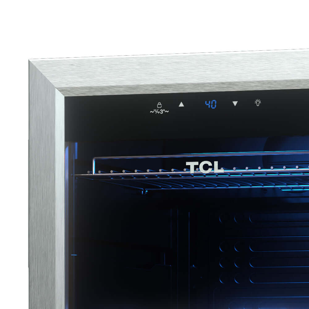 TCL 18 in. 121 Can 2.4 Cu. Ft. Compact Freestanding Beverage Cooler with Glass Door (TRV121FAS) with digital display and illuminated interior on a white background