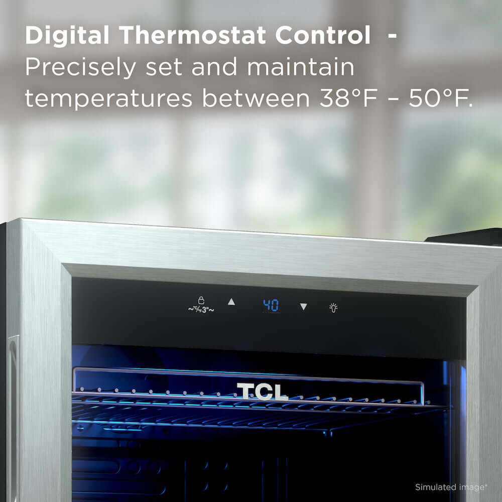 TCL 18 in. 121 Can 2.4 Cu. Ft. Compact Freestanding Beverage Cooler with Glass Door (TRV121FAS) with digital thermostat control display, set between 38°F - 50°F.