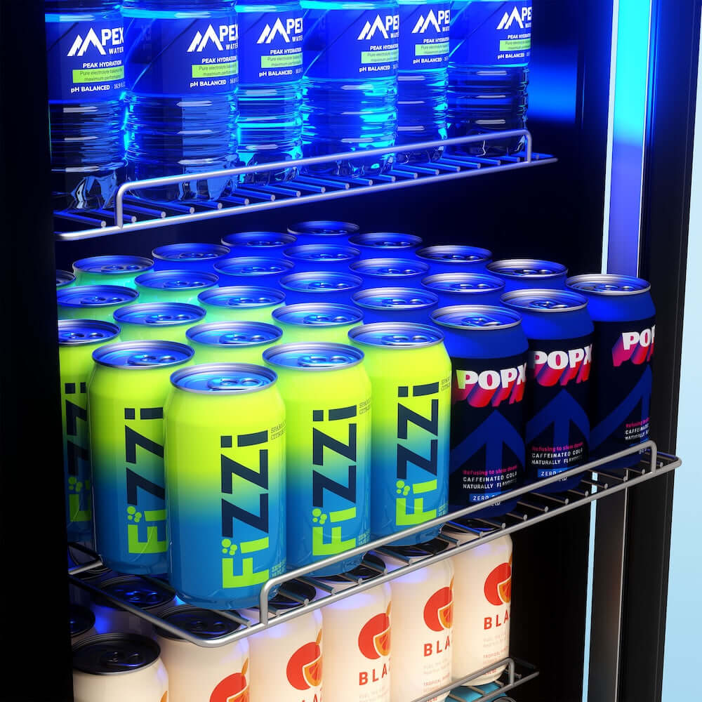TCL 18 in. 121 Can 2.4 Cu. Ft. Compact Freestanding Beverage Cooler with Glass Door (TRV121FAS) stocked with various drinks including FIZZi, Popa, and Blazin' brands.