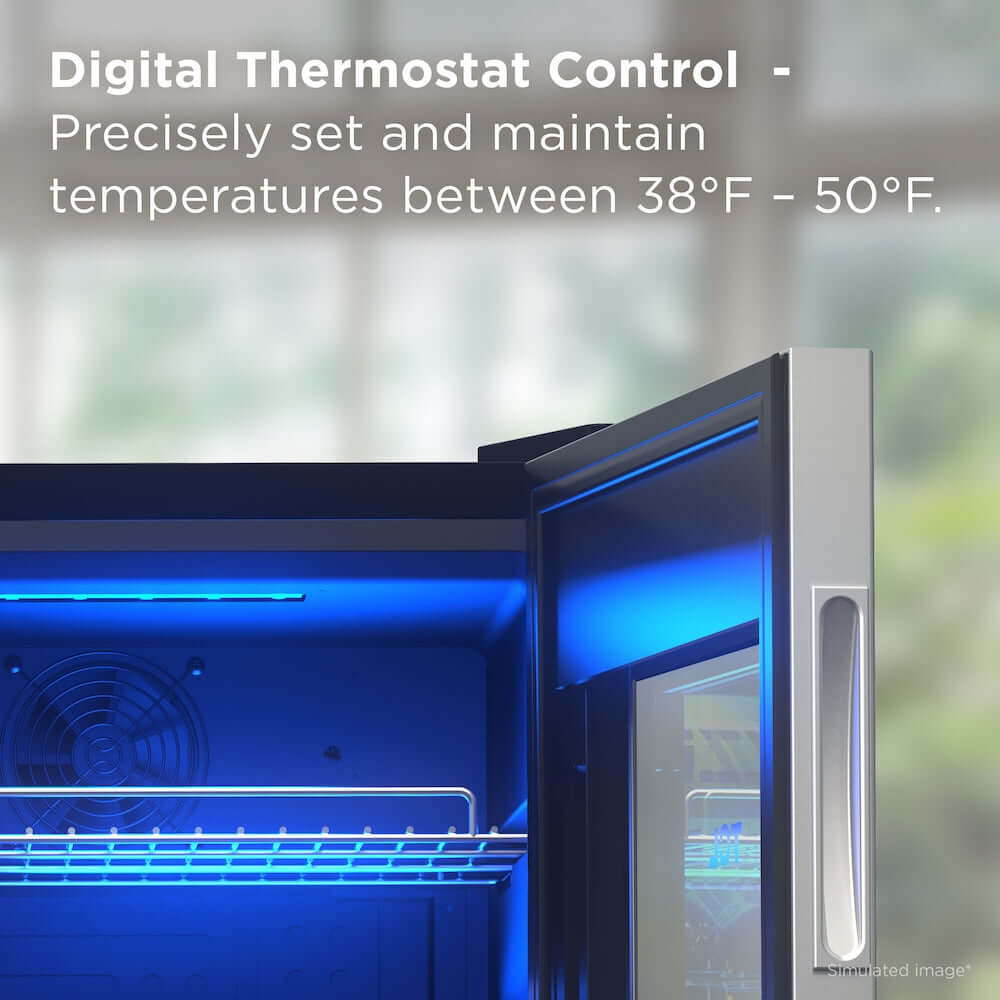 Digital thermostat control on a TCL 18 in. 121 Can 2.4 Cu. Ft. Compact Freestanding Beverage Cooler with Glass Door (TRV121FAS) with text about temperature settings.