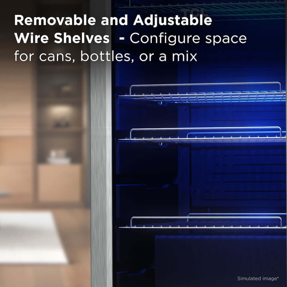 TCL 18 in. 121 Can 2.4 Cu. Ft. Compact Freestanding Beverage Cooler with Glass Door (TRV121FAS) with removable and adjustable wire shelves in a kitchen setting
