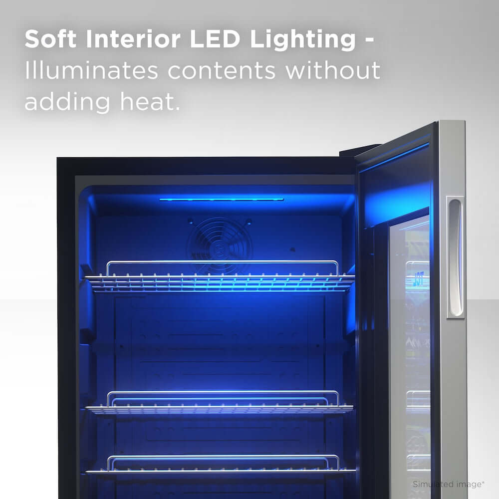 TCL 18 in. 121 Can 2.4 Cu. Ft. Compact Freestanding Beverage Cooler with Glass Door (TRV121FAS) with soft interior LED lighting on a gray background