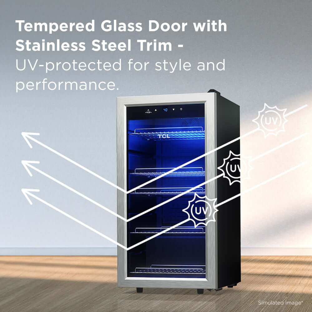TCL 18 in. 121 Can 2.4 Cu. Ft. Compact Freestanding Beverage Cooler with Glass Door (TRV121FAS) with tempered glass door and stainless steel trim, UV-protected feature highlighted.