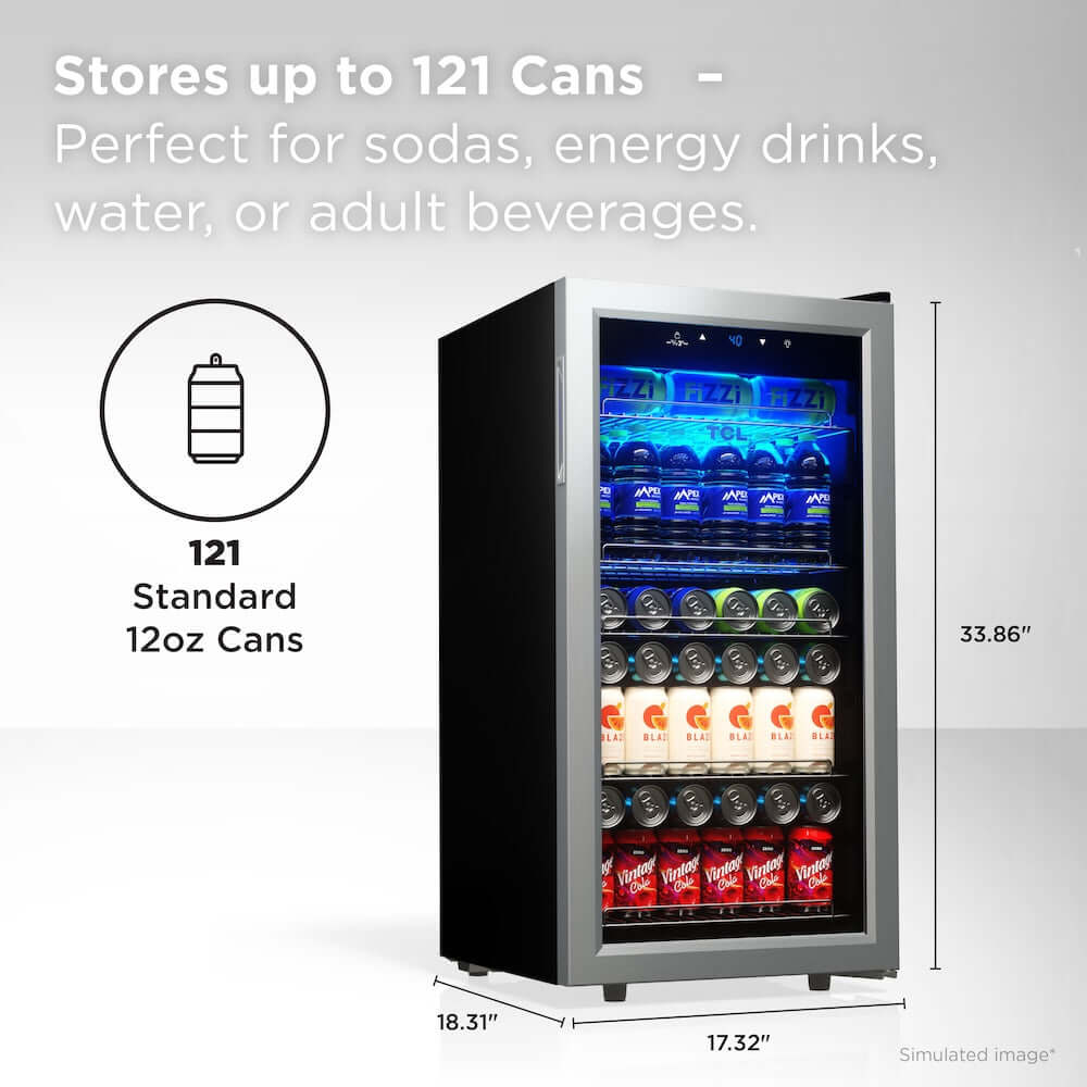 TCL 18 in. 121 Can 2.4 Cu. Ft. Compact Freestanding Beverage Cooler with Glass Door (TRV121FAS) with can storage capacity and dimensions displayed on a white background
