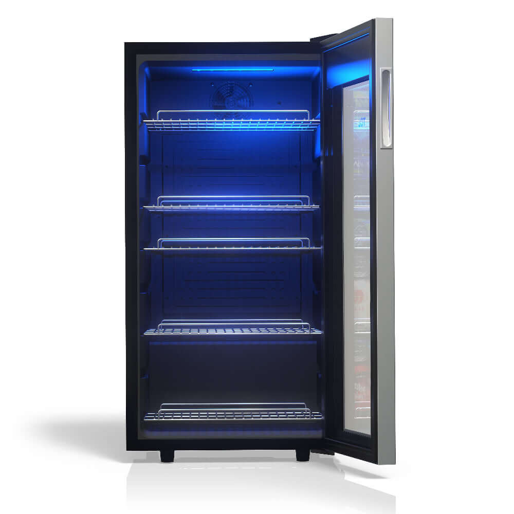 Empty TCL 18 in. 121 Can 2.4 Cu. Ft. Compact Freestanding Beverage Cooler with Glass Door (TRV121FAS) with blue interior lighting on a white background