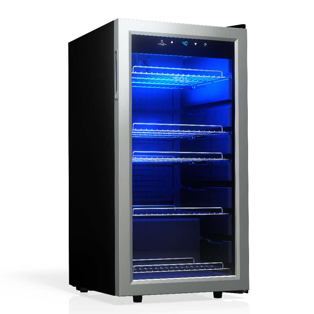 TCL 18 in. 121 Can 2.4 Cu. Ft. Compact Freestanding Beverage Cooler with Glass Door (TRV121FAS) side, with blue interior lighting on a white background