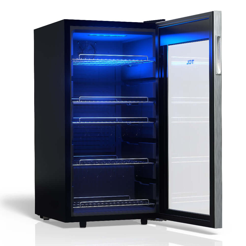 TCL 18 in. 121 Can 2.4 Cu. Ft. Compact Freestanding Beverage Cooler with Glass Door (TRV121FAS) side, open, with blue interior lighting on a white background
