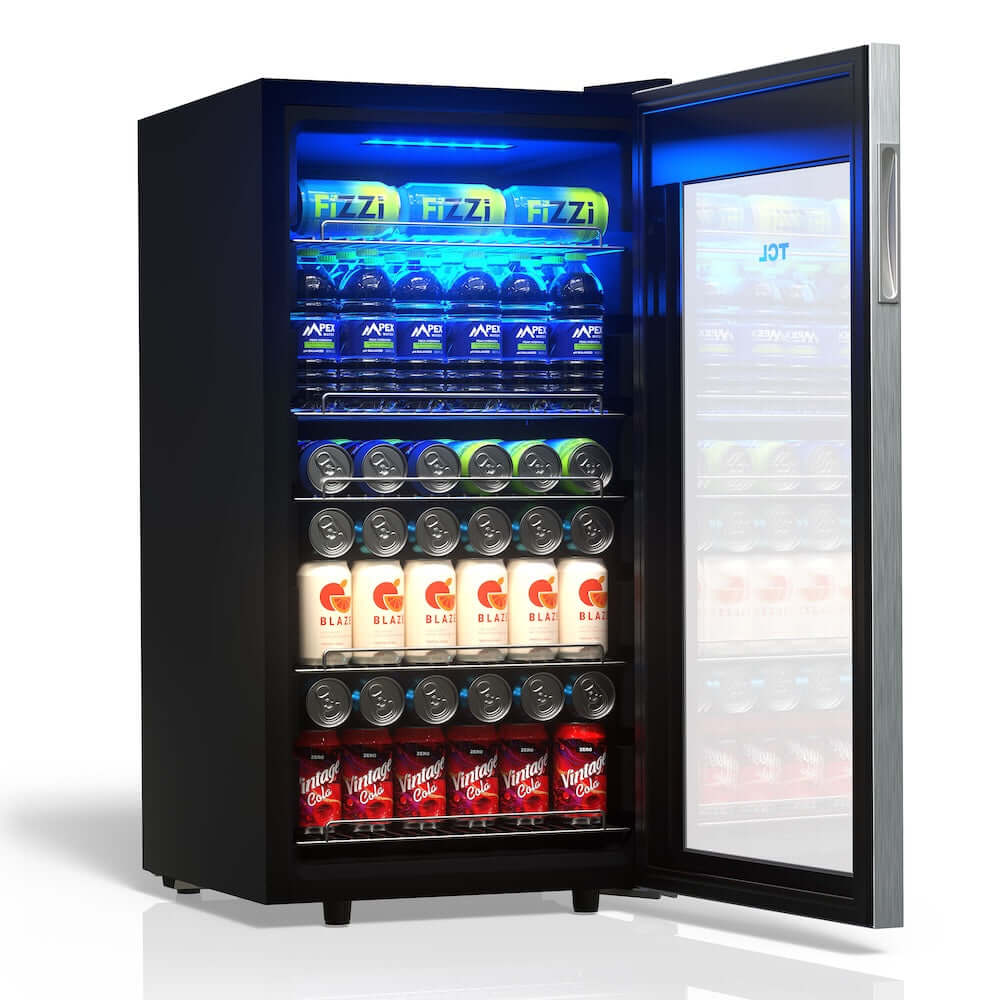 Open TCL 18 in. 121 Can 2.4 Cu. Ft. Compact Freestanding Beverage Cooler with Glass Door (TRV121FAS) with drinks on a white background
