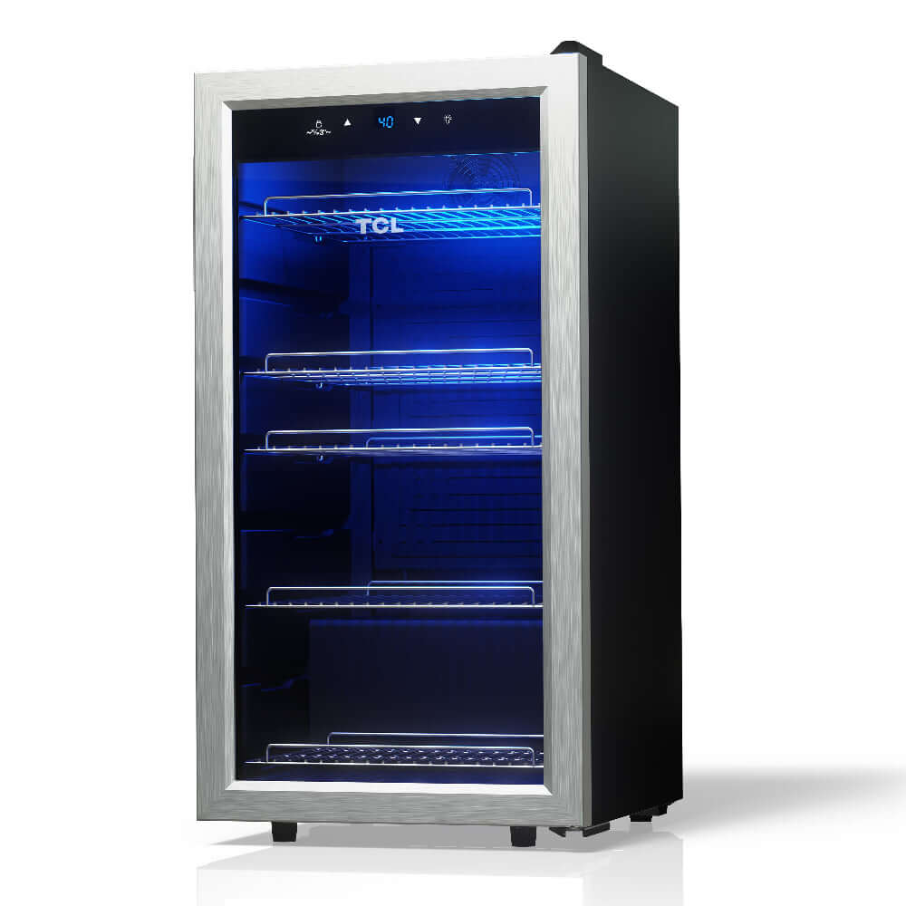 TCL 18 in. 121 Can 2.4 Cu. Ft. Compact Freestanding Beverage Cooler with Glass Door (TRV121FAS) side, closed.