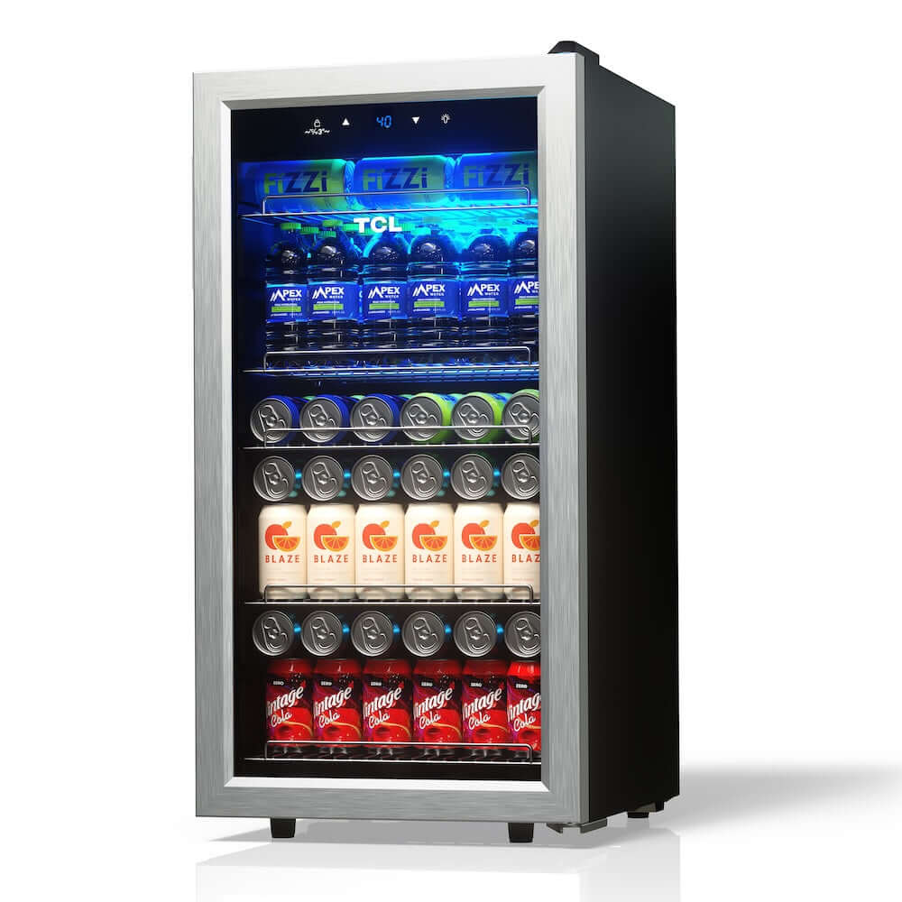 TCL 18 in. 121 Can 2.4 Cu. Ft. Compact Freestanding Beverage Cooler with Glass Door (TRV121FAS) with drinks on a white background