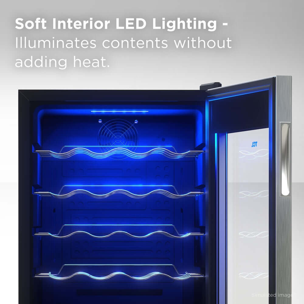 TCL 18 in. 24 Bottle 2.4 Cu. Ft. Compact Freestanding Wine Cooler with Glass Door (TRW24F6AS) with blue LED lighting inside, text about soft interior LED lighting.