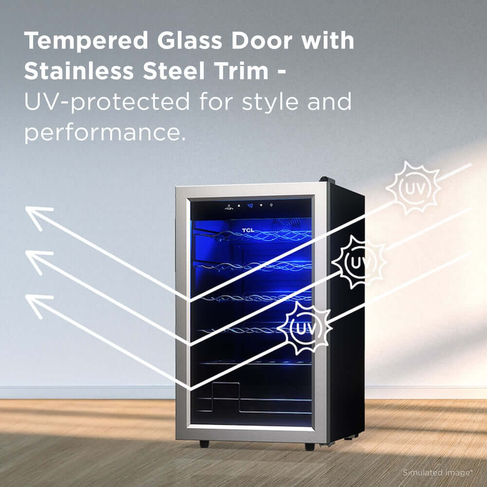 TCL 18 in. 24 Bottle 2.4 Cu. Ft. Compact Freestanding Wine Cooler with Glass Door (TRW24F6AS) with tempered glass door and stainless steel trim, UV-protected feature highlighted.