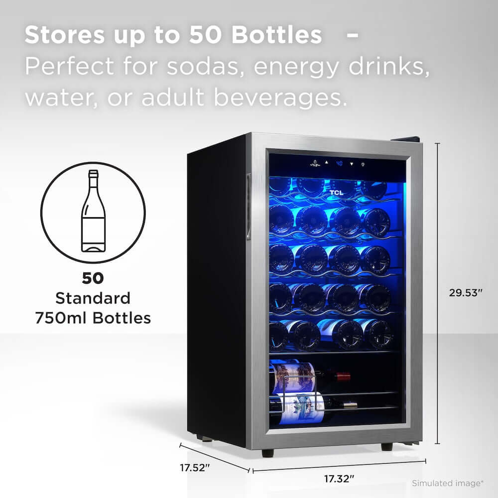 TCL 18 in. 24 Bottle 2.4 Cu. Ft. Compact Freestanding Wine Cooler with Glass Door (TRW24F6AS) with bottles inside, displaying capacity and features on a white background.