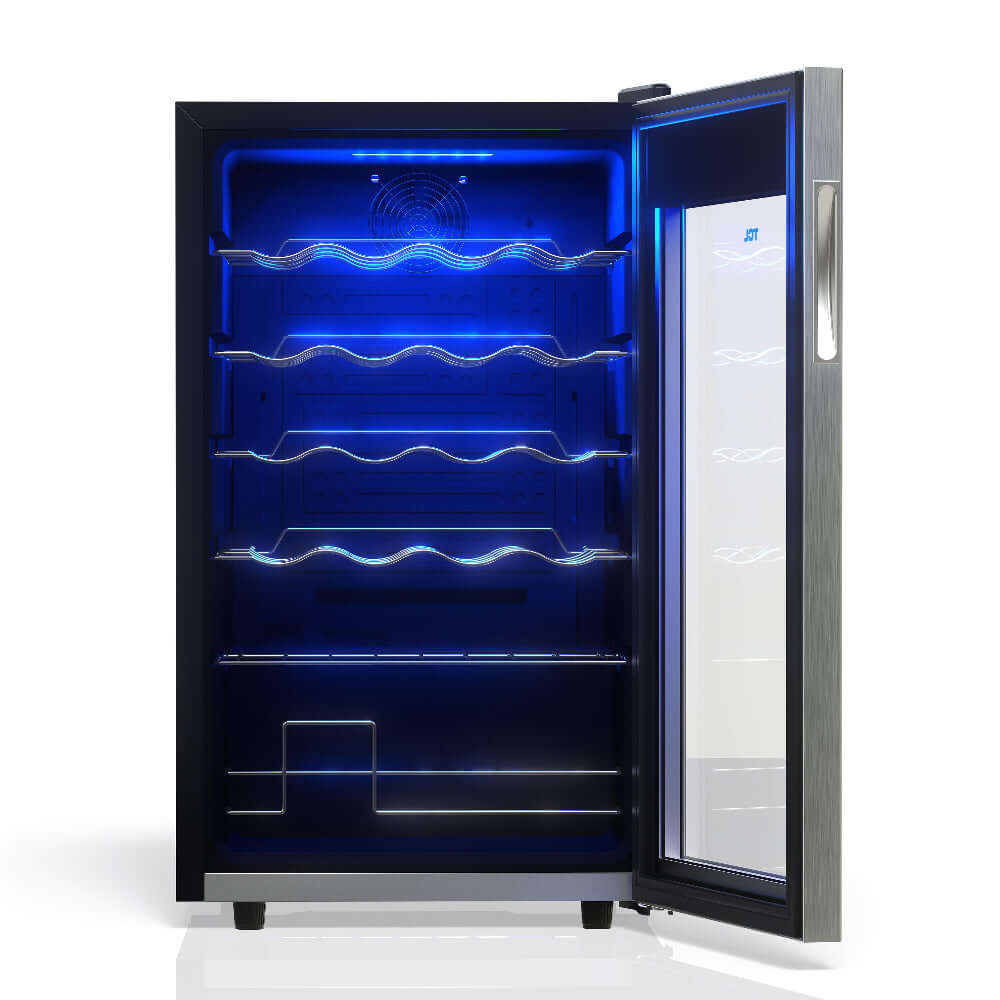 TCL 18 in. 24 Bottle 2.4 Cu. Ft. Compact Freestanding Wine Cooler with Glass Door (TRW24F6AS) with open door showing blue interior lighting on a white background