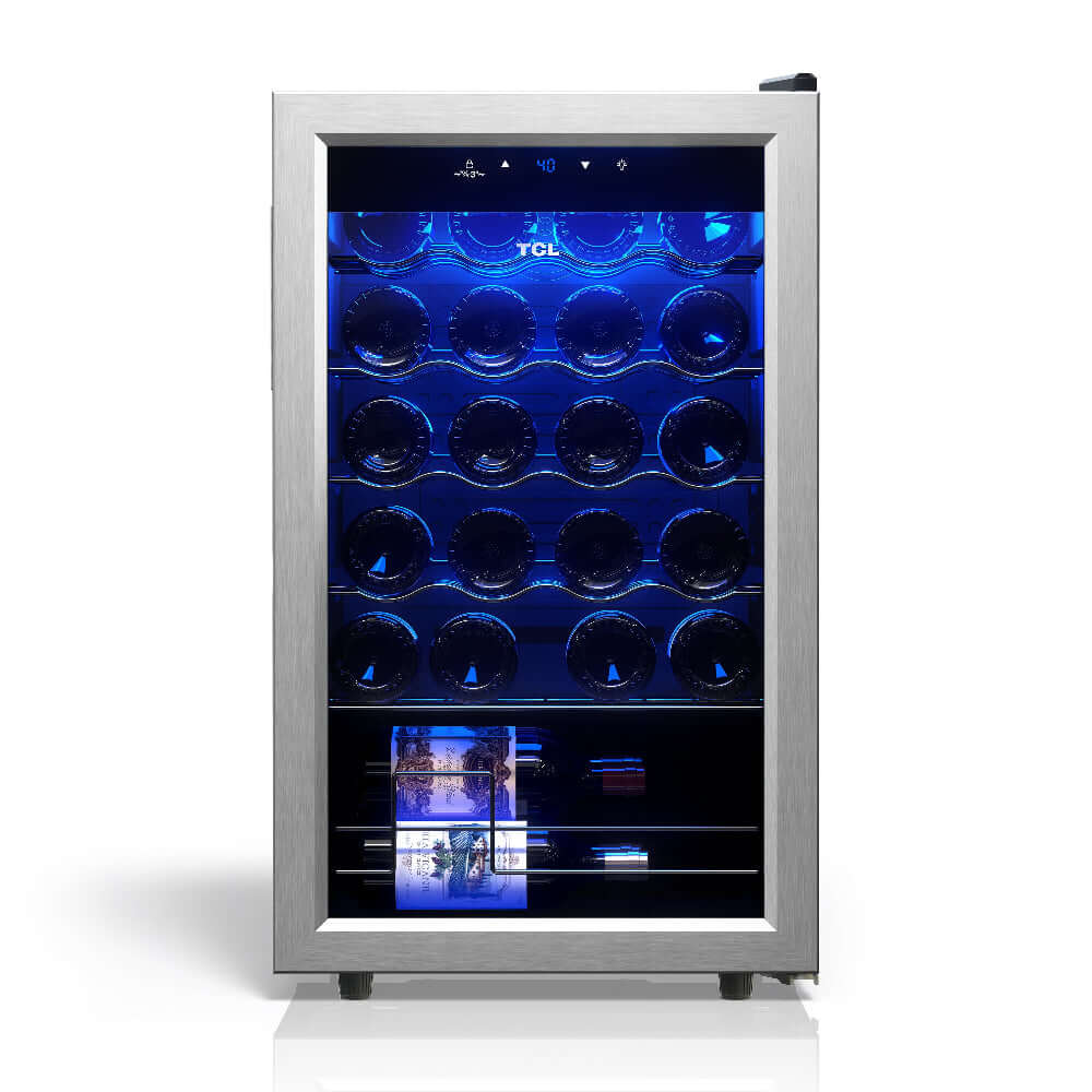TCL 18 in. 24 Bottle 2.4 Cu. Ft. Compact Freestanding Wine Cooler with Glass Door (TRW24F6AS) with blue interior lighting on a white background
