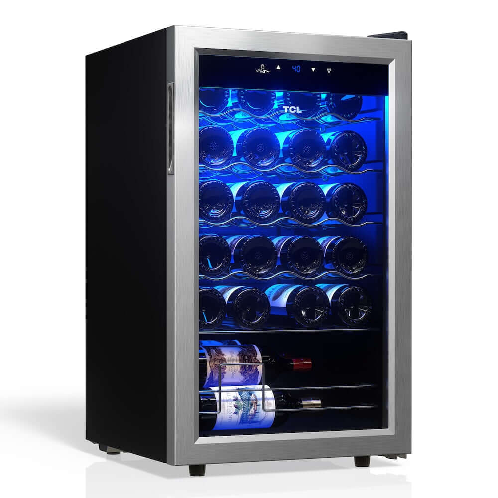 TCL 18 in. 24 Bottle 2.4 Cu. Ft. Compact Freestanding Wine Cooler with Glass Door (TRW24F6AS) with blue interior lighting displaying wine bottles on a white background