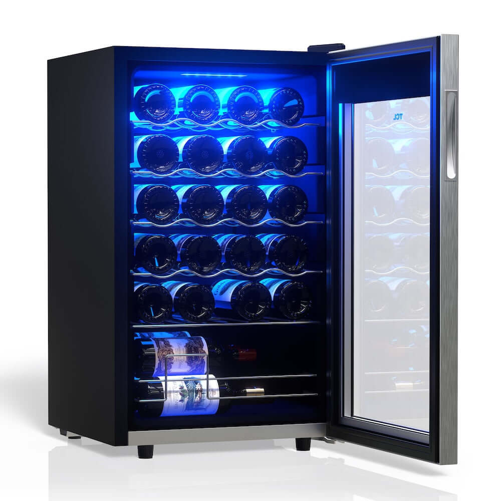 TCL 18 in. 24 Bottle 2.4 Cu. Ft. Compact Freestanding Wine Cooler with Glass Door (TRW24F6AS) with blue interior lighting and wine bottles inside, on a white background