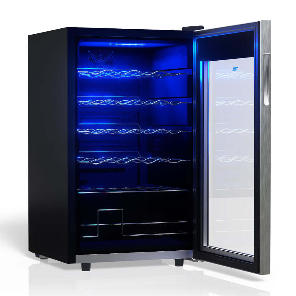 TCL 18 in. 24 Bottle 2.4 Cu. Ft. Compact Freestanding Wine Cooler with Glass Door (TRW24F6AS) with open door showing interior shelves on a white background