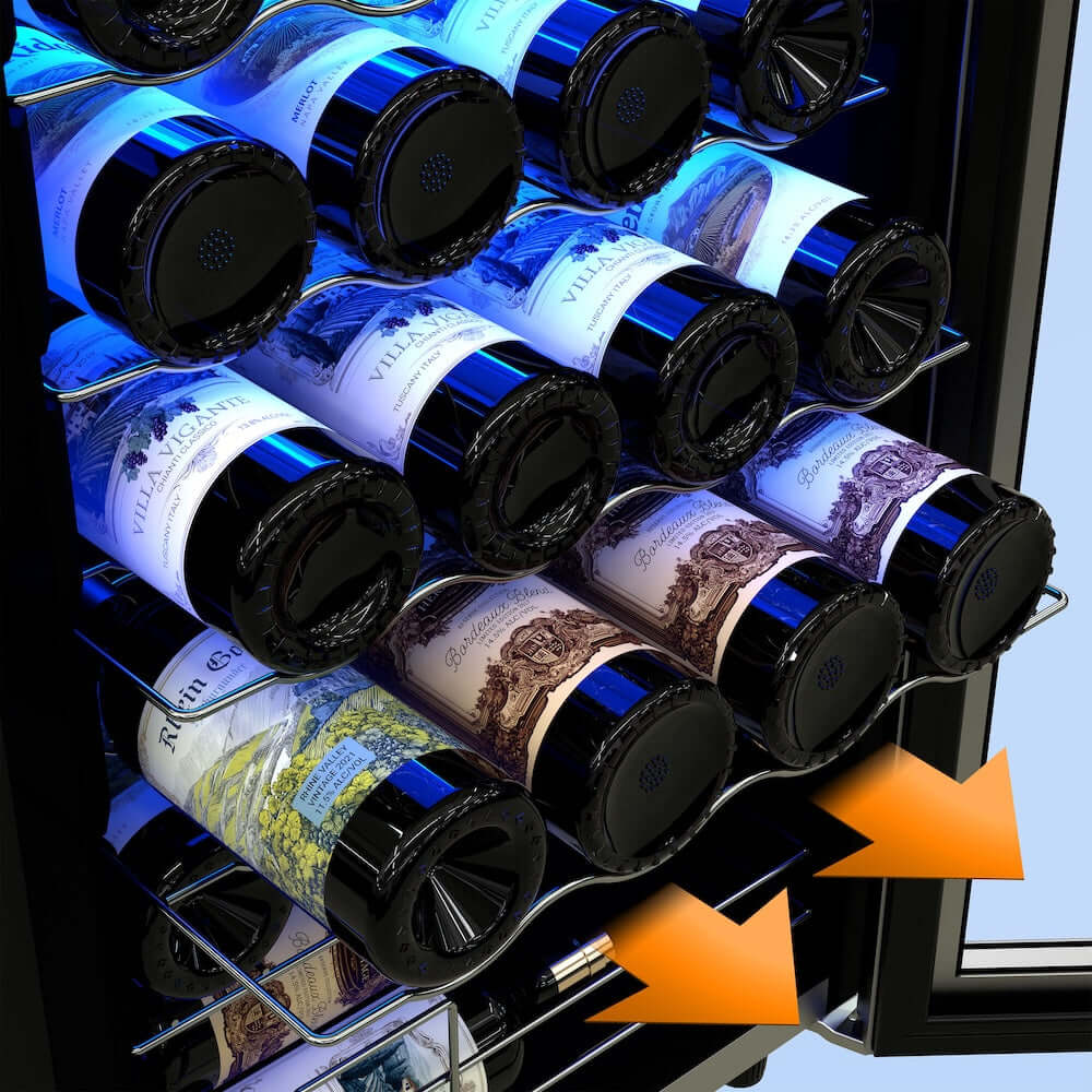 Wine bottles in a vertical wine rack with an arrow indicating space for additional bottles.