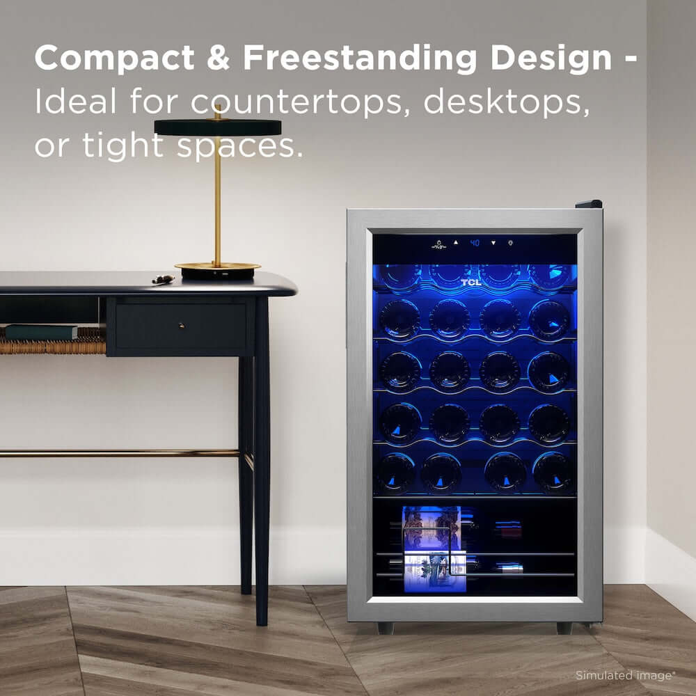 TCL 18 in. 24 Bottle 2.4 Cu. Ft. Compact Freestanding Wine Cooler with Glass Door (TRW24F6AS) on a wooden floor with a desk and lamp in the background.