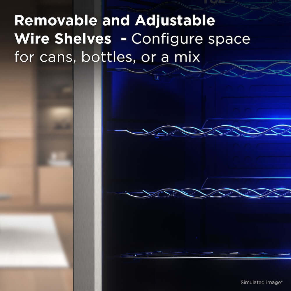 TCL 18 in. 24 Bottle 2.4 Cu. Ft. Compact Freestanding Wine Cooler with Glass Door (TRW24F6AS) with removable and adjustable wire shelves in a kitchen setting