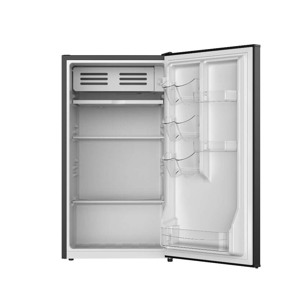 TCL 18 in. 3.1 Cu. Ft. Compact Single Door Mini Fridge in Black (TRM31S4AB) with open door on a white background