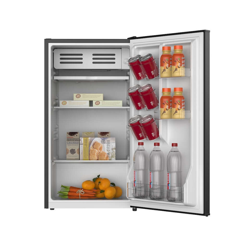 TCL 18 in. 3.1 Cu. Ft. Compact Single Door Mini Fridge in Black (TRM31S4AB) with open door displaying drinks, fruits, and vegetables on a white background