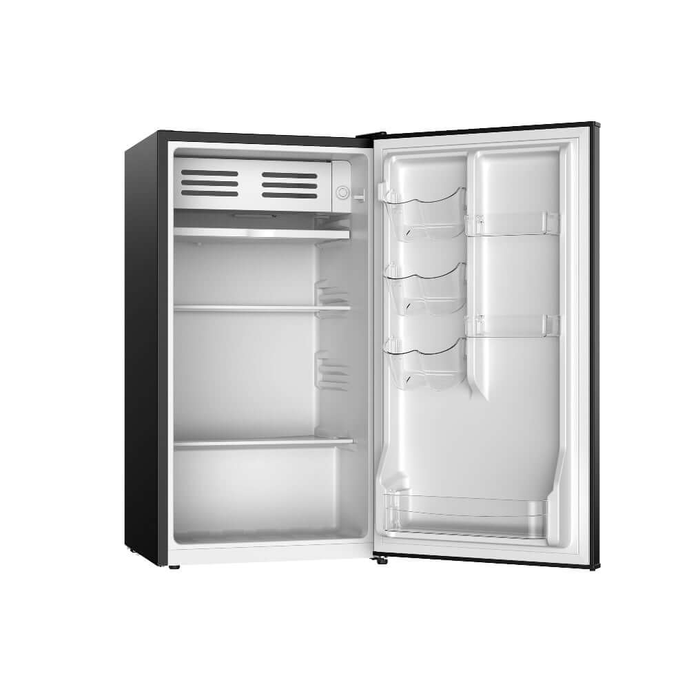 TCL 18 in. 3.1 Cu. Ft. Compact Single Door Mini Fridge in Black (TRM31S4AB) with open door on a white background