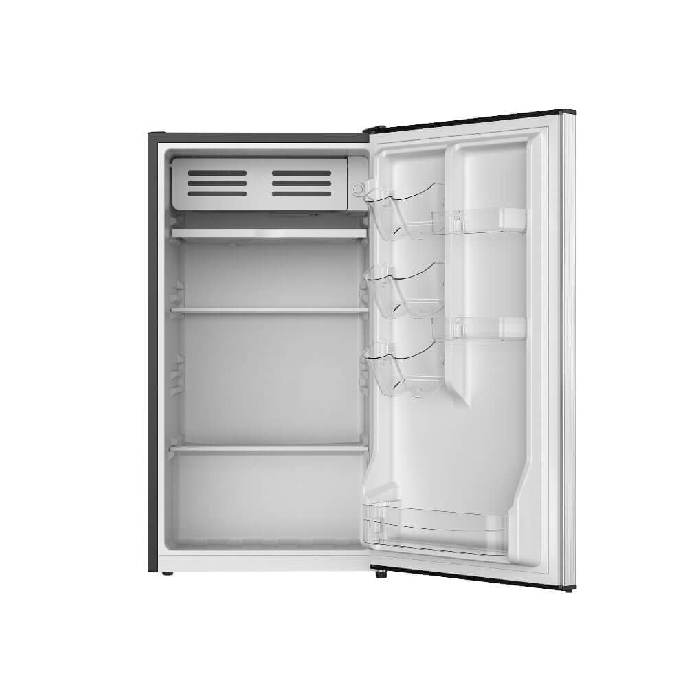 TCL 18 in. 3.1 Cu. Ft. Compact Single Door Mini Fridge in Silver (TRM31S4AV) with open door on a white background