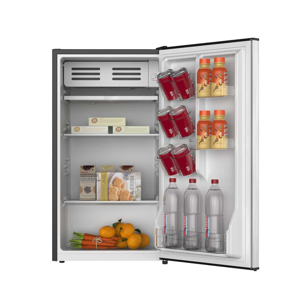 TCL 18 in. 3.1 Cu. Ft. Compact Single Door Mini Fridge in Silver (TRM31S4AV) with open door displaying various items on a white background