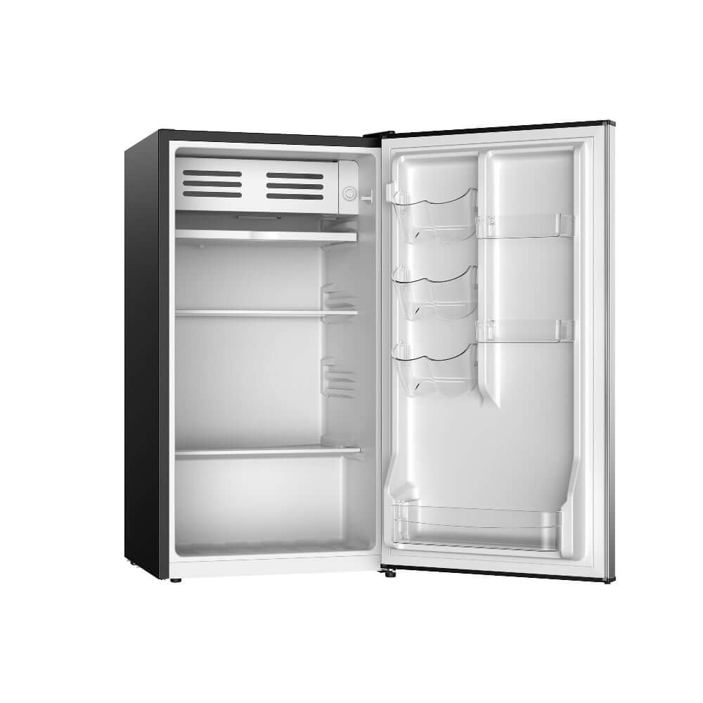 TCL 18 in. 3.1 Cu. Ft. Compact Single Door Mini Fridge in Silver (TRM31S4AV) with open door on a white background