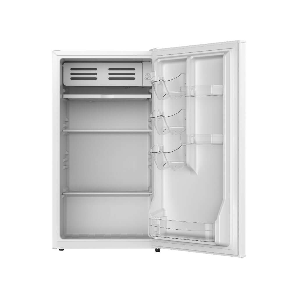 TCL 18 in. 3.1 Cu. Ft. Compact Single Door Mini Fridge in White (TRM31S4AW) with open door on a white background