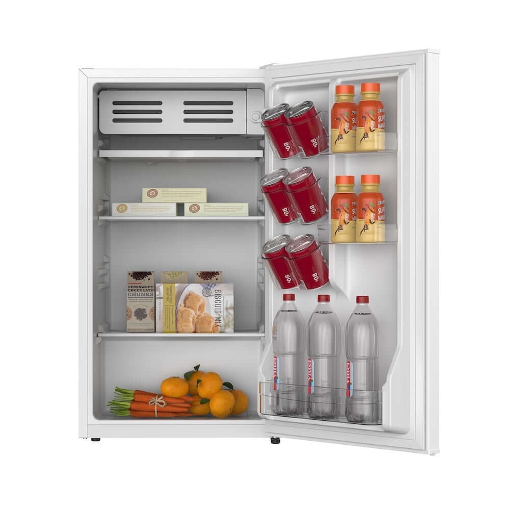 Open TCL 18 in. 3.1 Cu. Ft. Compact Single Door Mini Fridge in White (TRM31S4AW) with drinks and snacks on a white background